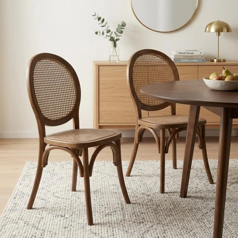 Natural wood dining chair with woven cane back, classic style, light brown finish, perfect for modern interiors.