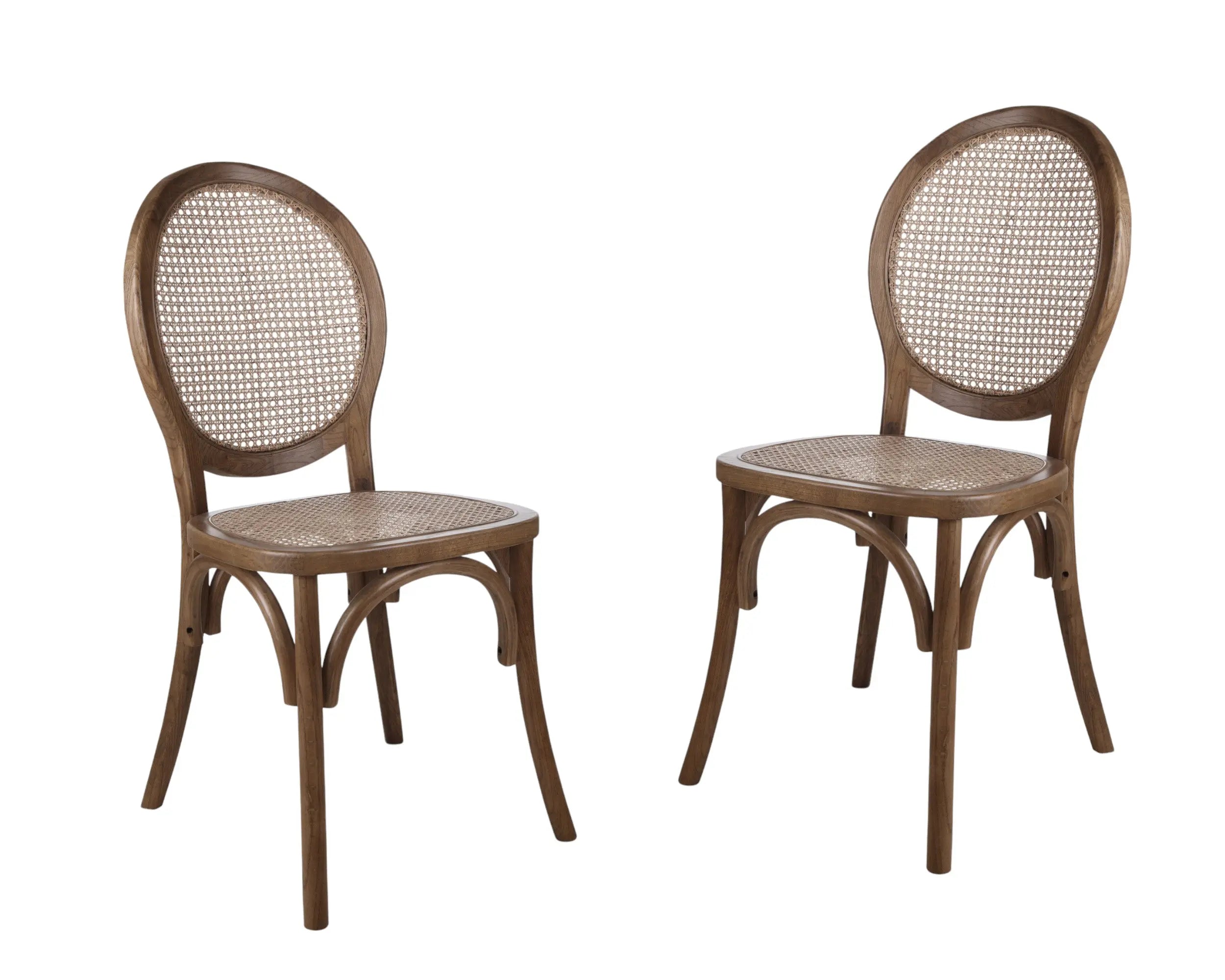 Natural wood cafe chairs with caned backs and light beige seats, perfect for dining and stylish decor.
