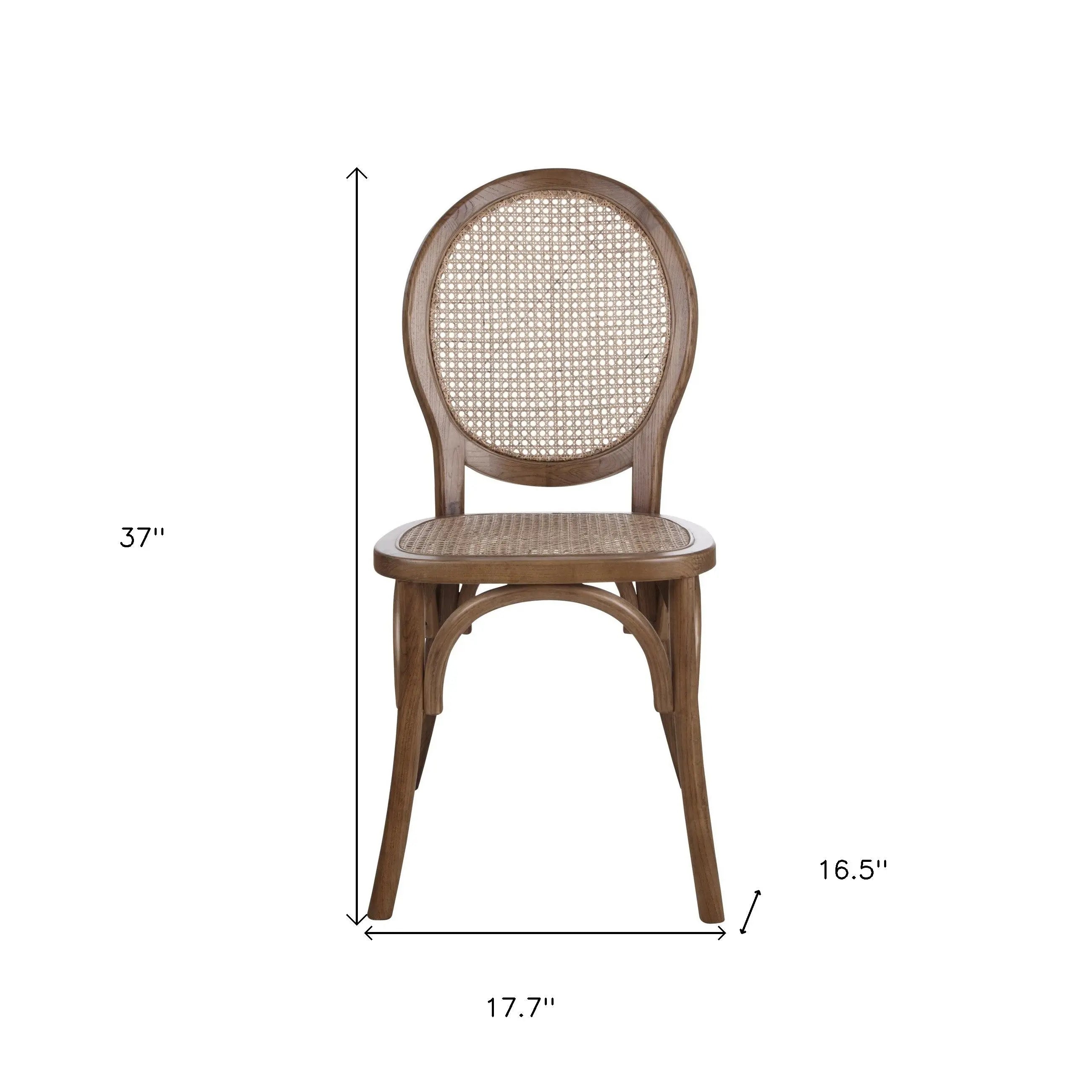 Natural wood dining chair with a rounded cane back and slatted seat, featuring a rustic finish and sleek design.