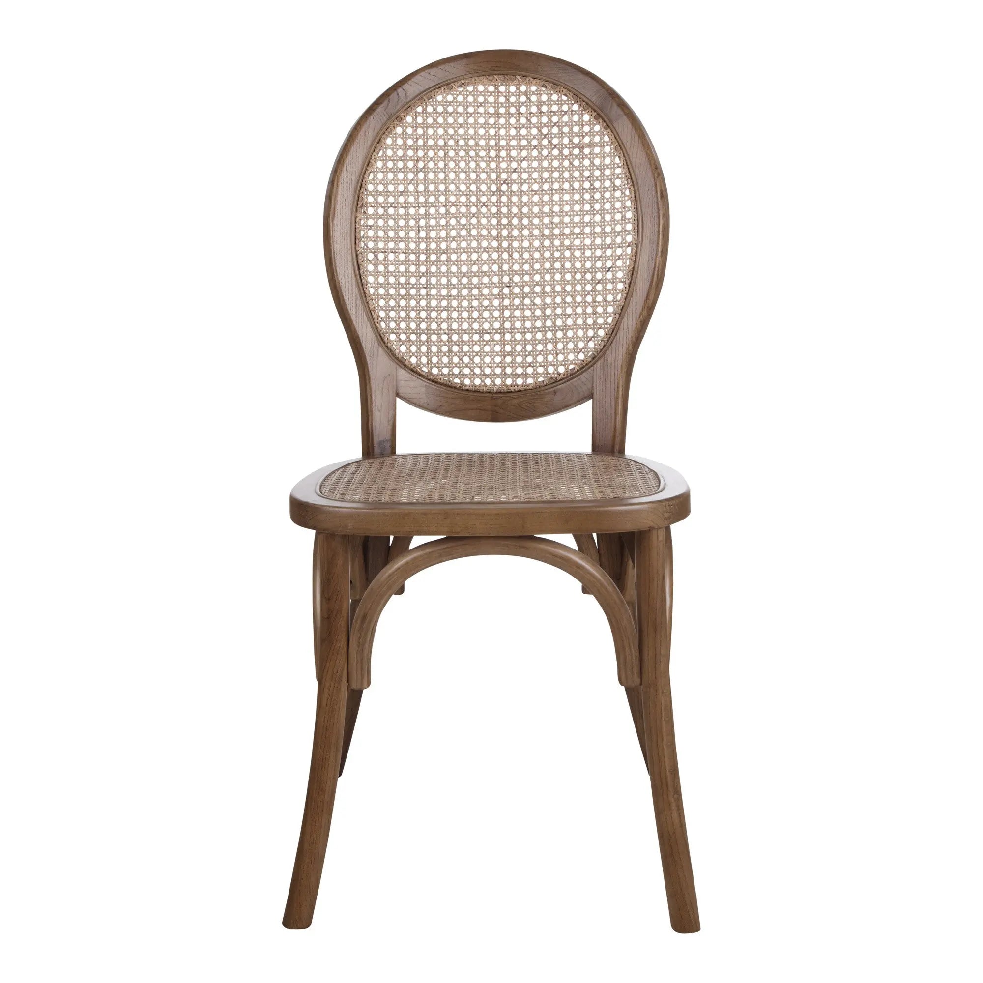 Brown wooden chair with cane backrest and seat, featuring a classic design perfect for dining or accent decor.