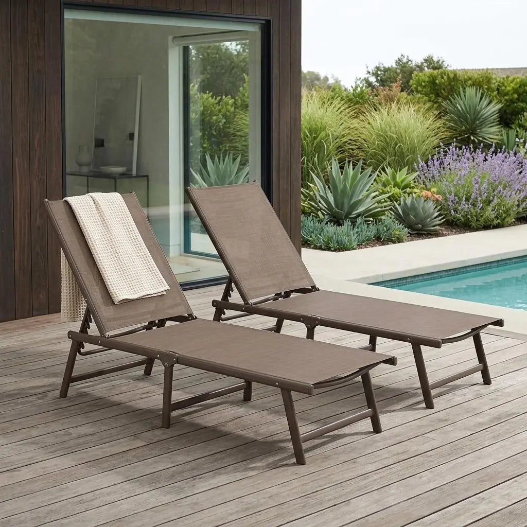 Set of Two Brown Steel Six Position Adjustable Outdoor Chaise Lounges Homeroots Outdoor