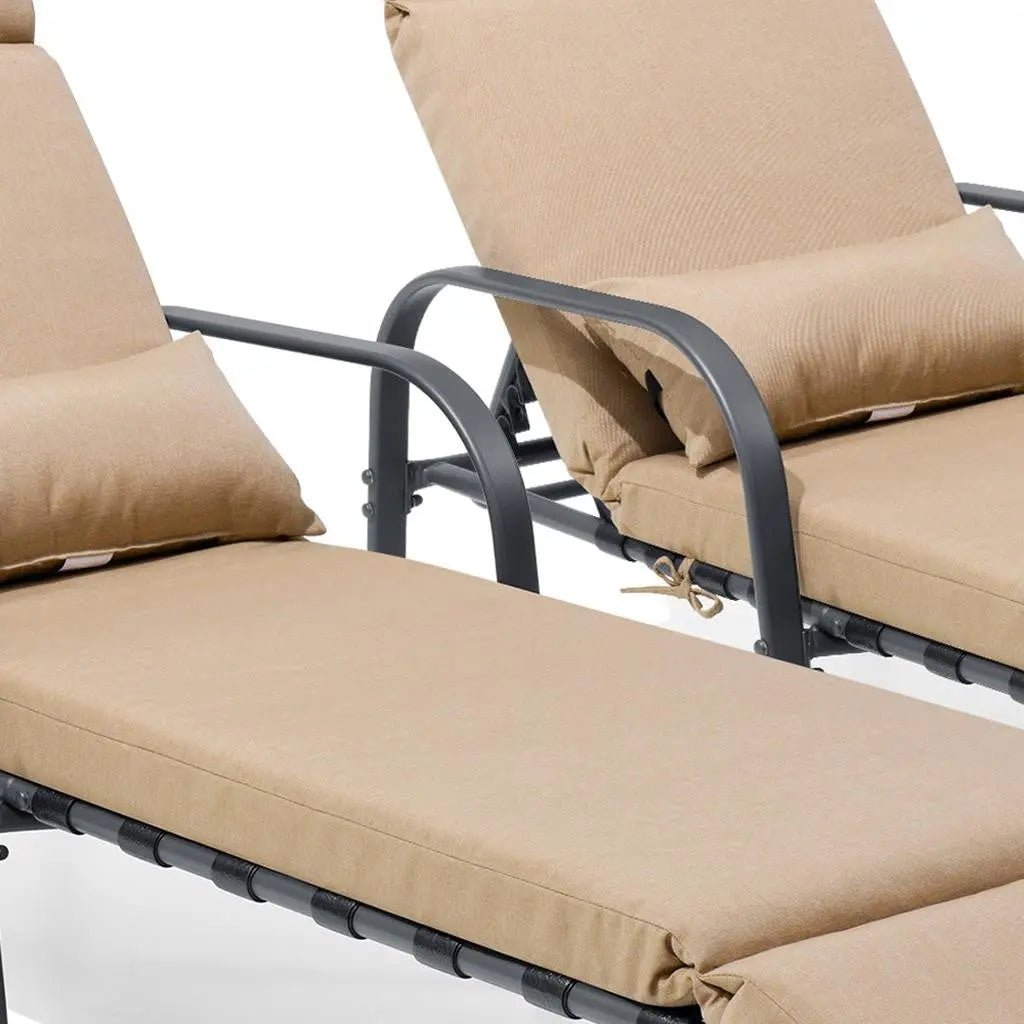 Set of Two Brown Steel Six Position Adjustable Outdoor Chaise Lounges with Tan Cushion Homeroots Outdoor