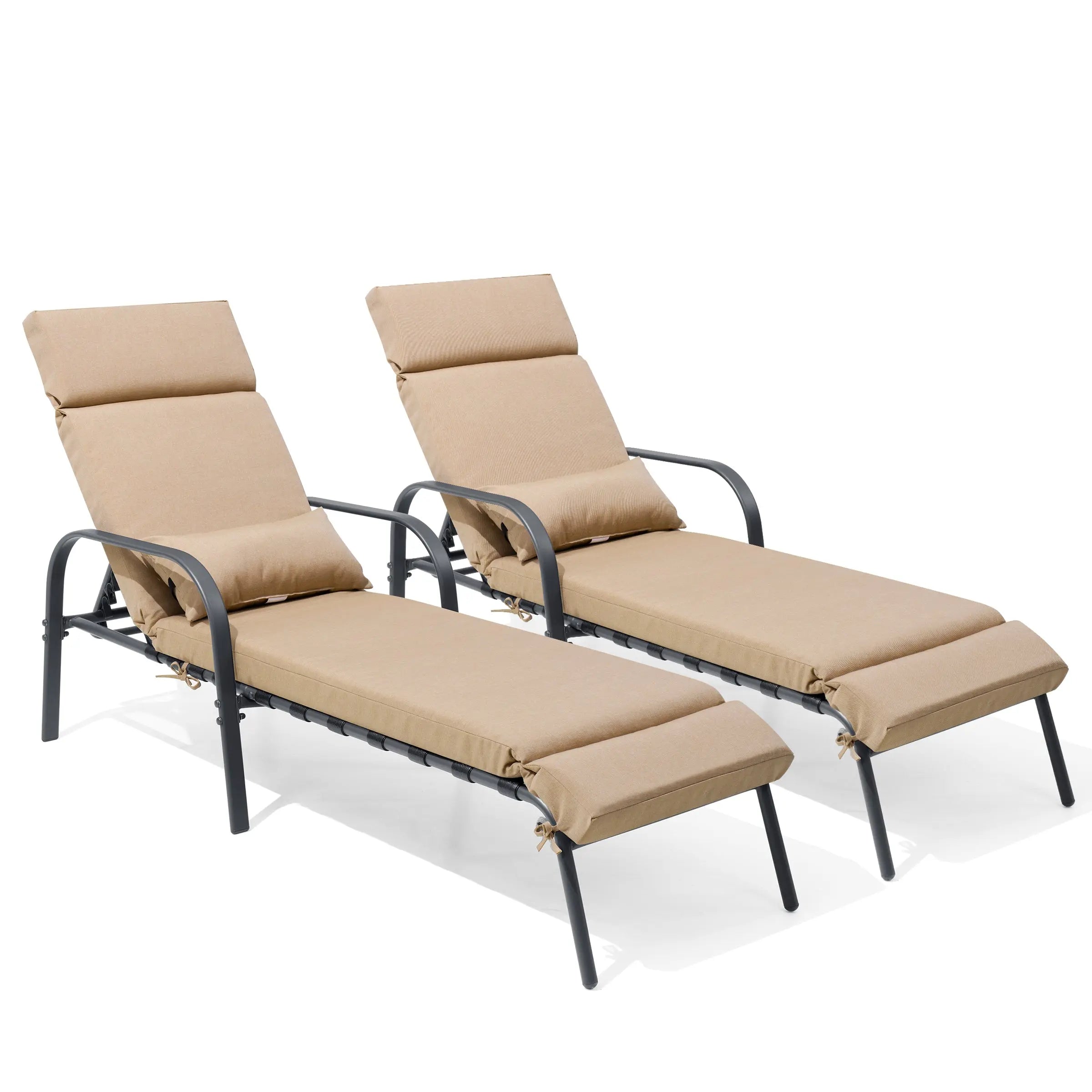 Set of Two Brown Steel Six Position Adjustable Outdoor Chaise Lounges with Tan Cushion Homeroots Outdoor