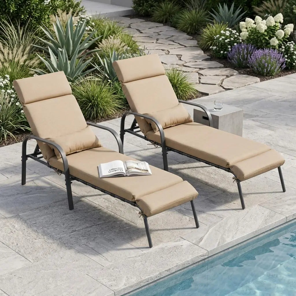 Set of Two Brown Steel Six Position Adjustable Outdoor Chaise Lounges with Tan Cushion Homeroots Outdoor