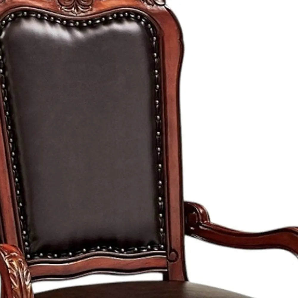 Set of Two Brown Upholstered Faux Leather Queen Anne Back Dining Arm Chairs Homeroots Kitchen & Dining