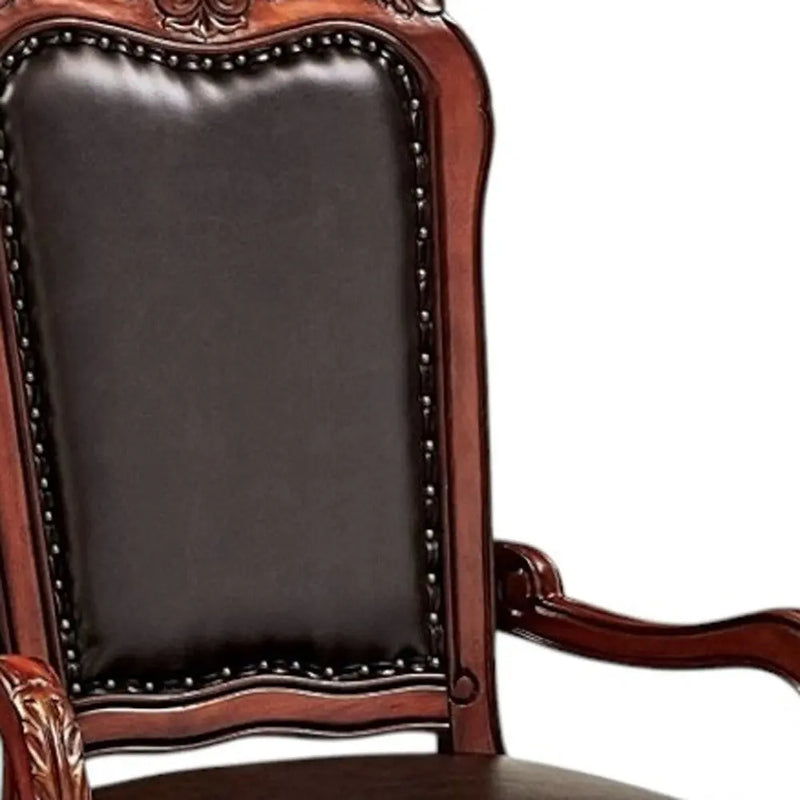 Set of Two Brown Upholstered Faux Leather Queen Anne Back Dining Arm Chairs Homeroots Kitchen & Dining
