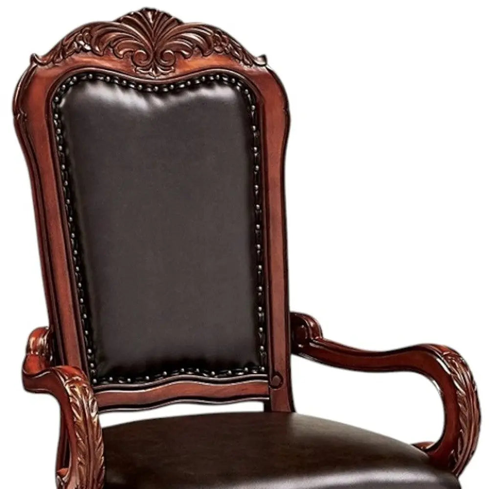 Set of Two Brown Upholstered Faux Leather Queen Anne Back Dining Arm Chairs Homeroots Kitchen & Dining