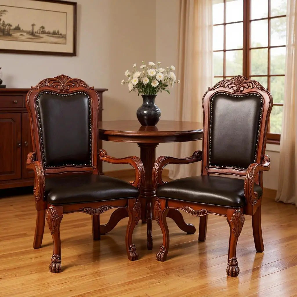 Set of Two Brown Upholstered Faux Leather Queen Anne Back Dining Arm Chairs Homeroots Kitchen & Dining