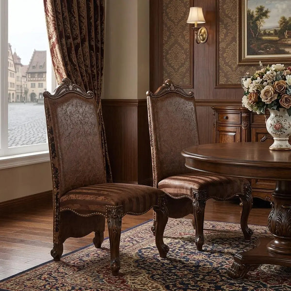 Set of Two Brown Upholstered Faux Leather Queen Anne Back Dining Side Chairs Homeroots Kitchen & Dining