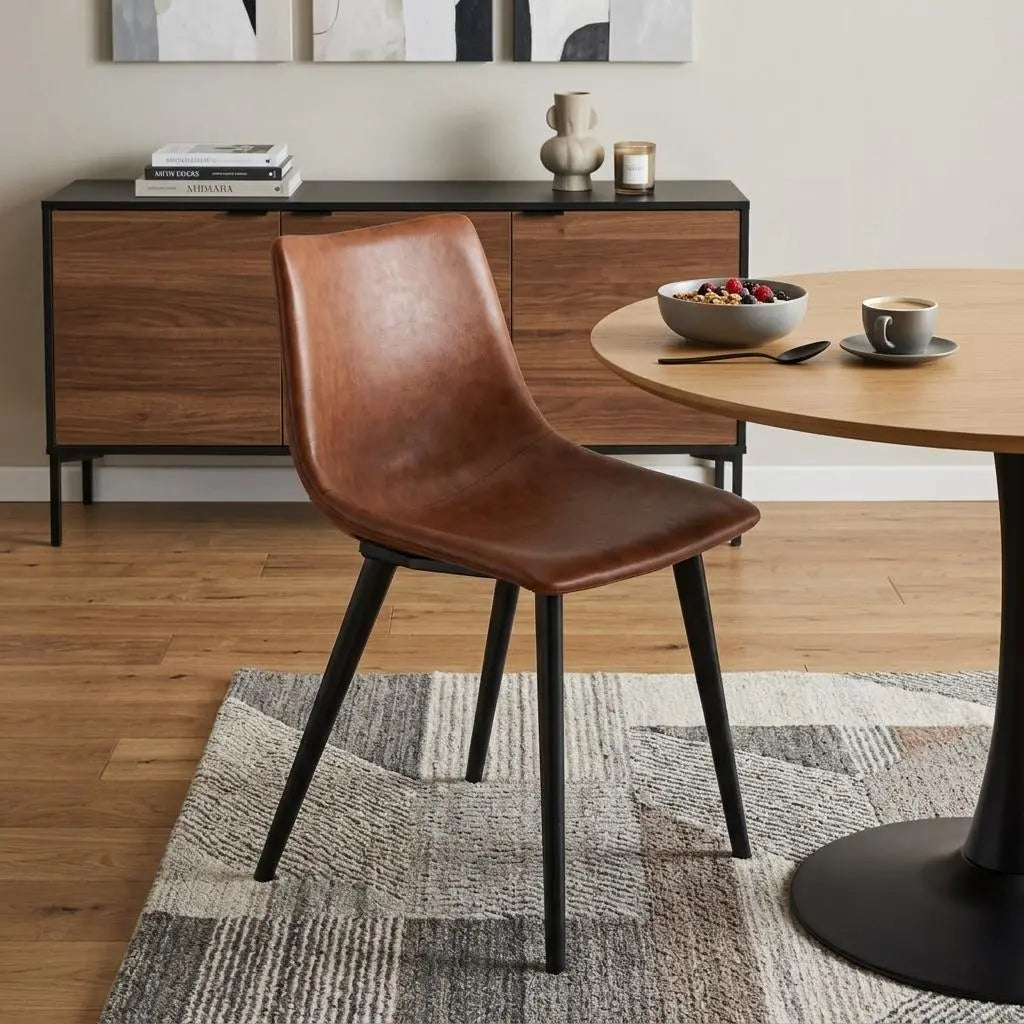 Set of Two Brown Vintage Look Faux Leather Slight Scoop Dining Chairs Homeroots Kitchen & Dining