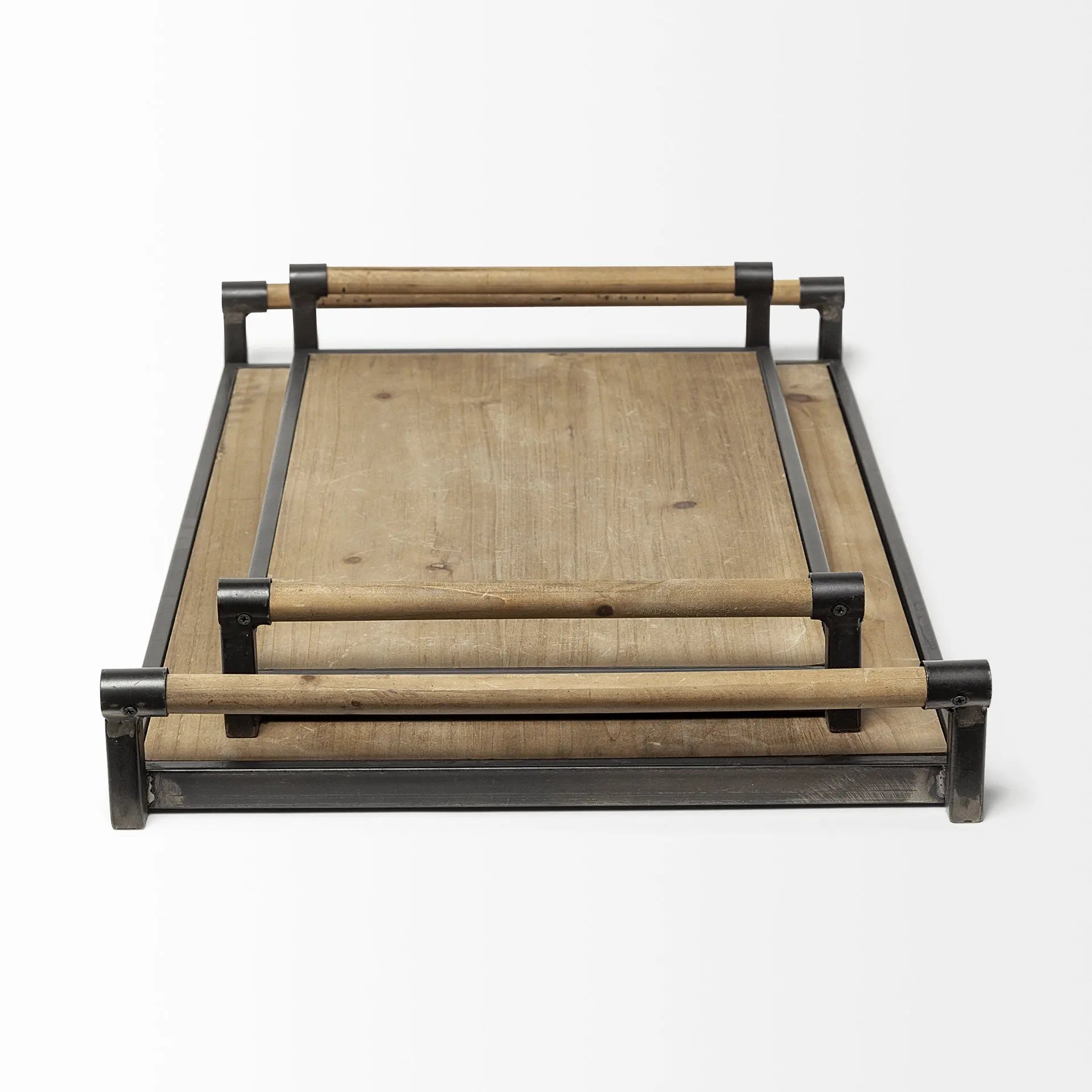 Set of Two Brown Wood Indoor Outdoor Serving Tray With Handles Homeroots Kitchen & Dining