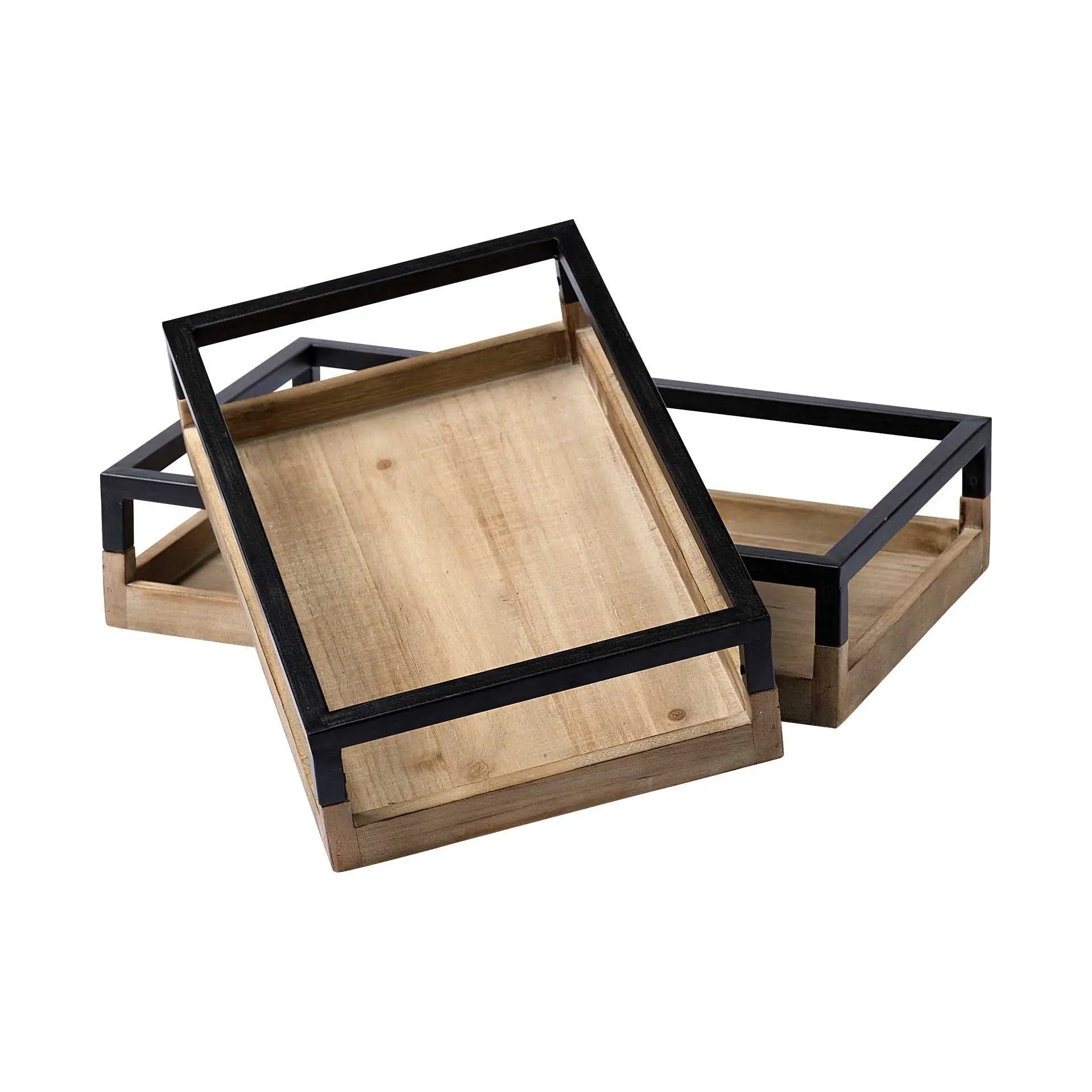 Set of Two Brown Wood Indoor Outdoor Tray With Handles Homeroots Kitchen & Dining