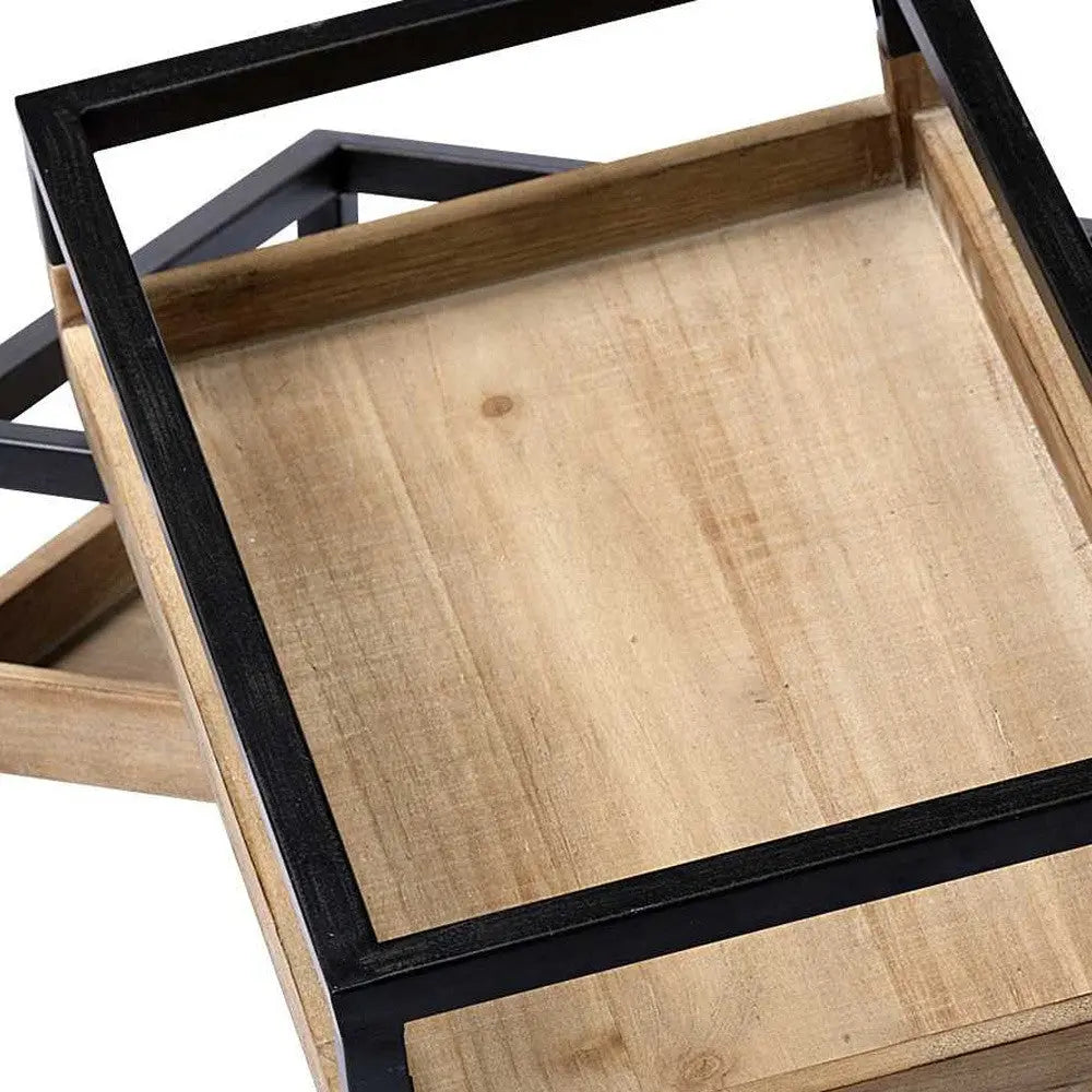 Set of Two Brown Wood Indoor Outdoor Tray With Handles Homeroots Kitchen & Dining