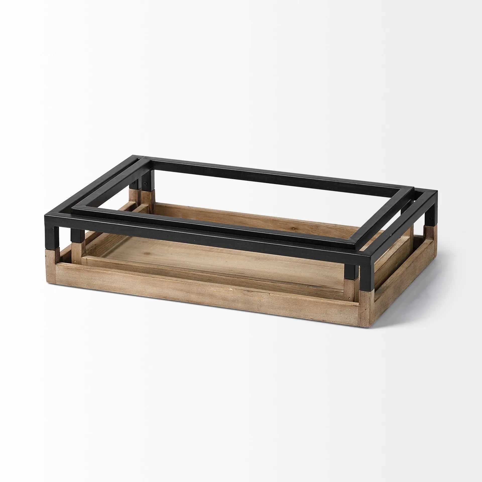 Set of Two Brown Wood Indoor Outdoor Tray With Handles Homeroots Kitchen & Dining