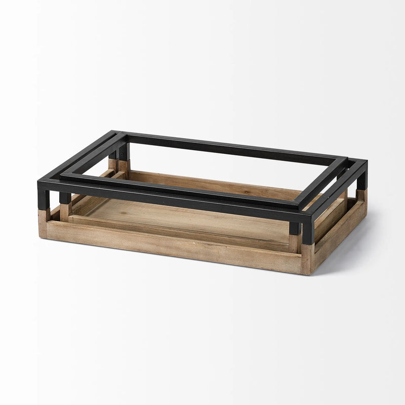 Set of Two Brown Wood Indoor Outdoor Tray With Handles Homeroots Kitchen & Dining