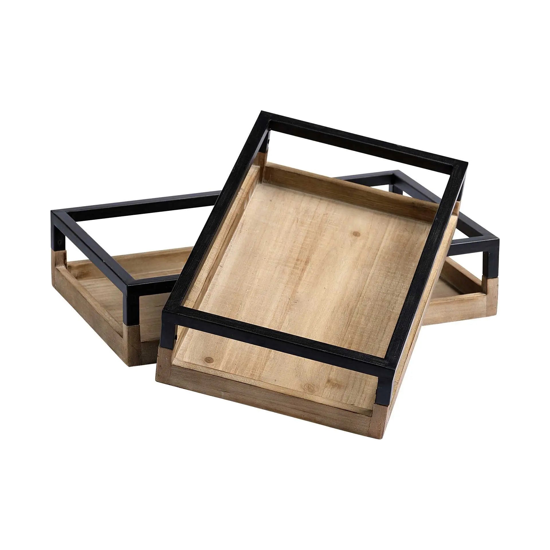 Set of Two Brown Wood Indoor Outdoor Tray With Handles Homeroots Kitchen & Dining
