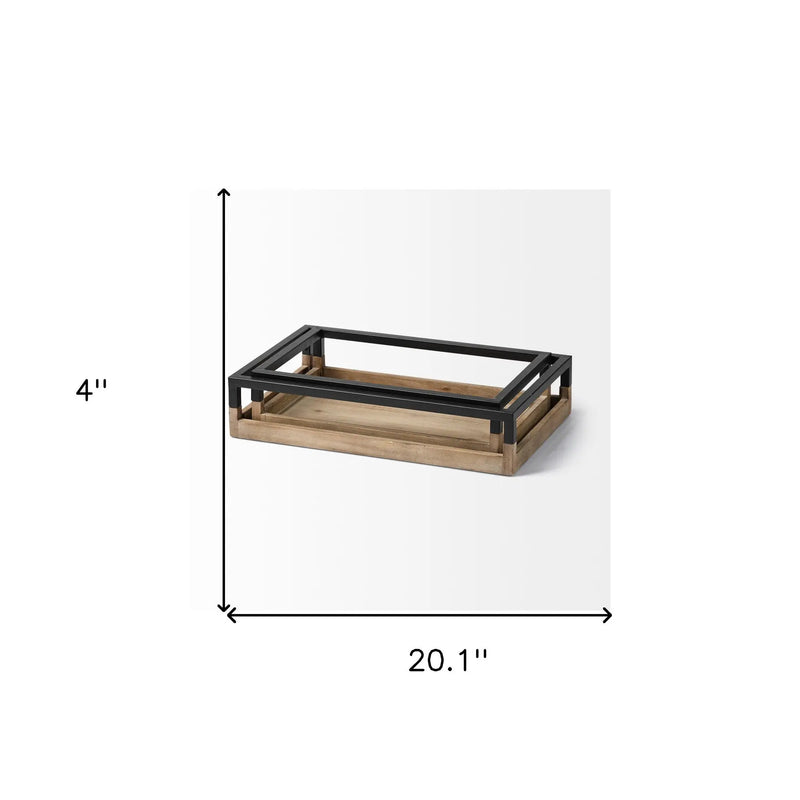 Set of Two Brown Wood Indoor Outdoor Tray With Handles Homeroots Kitchen & Dining