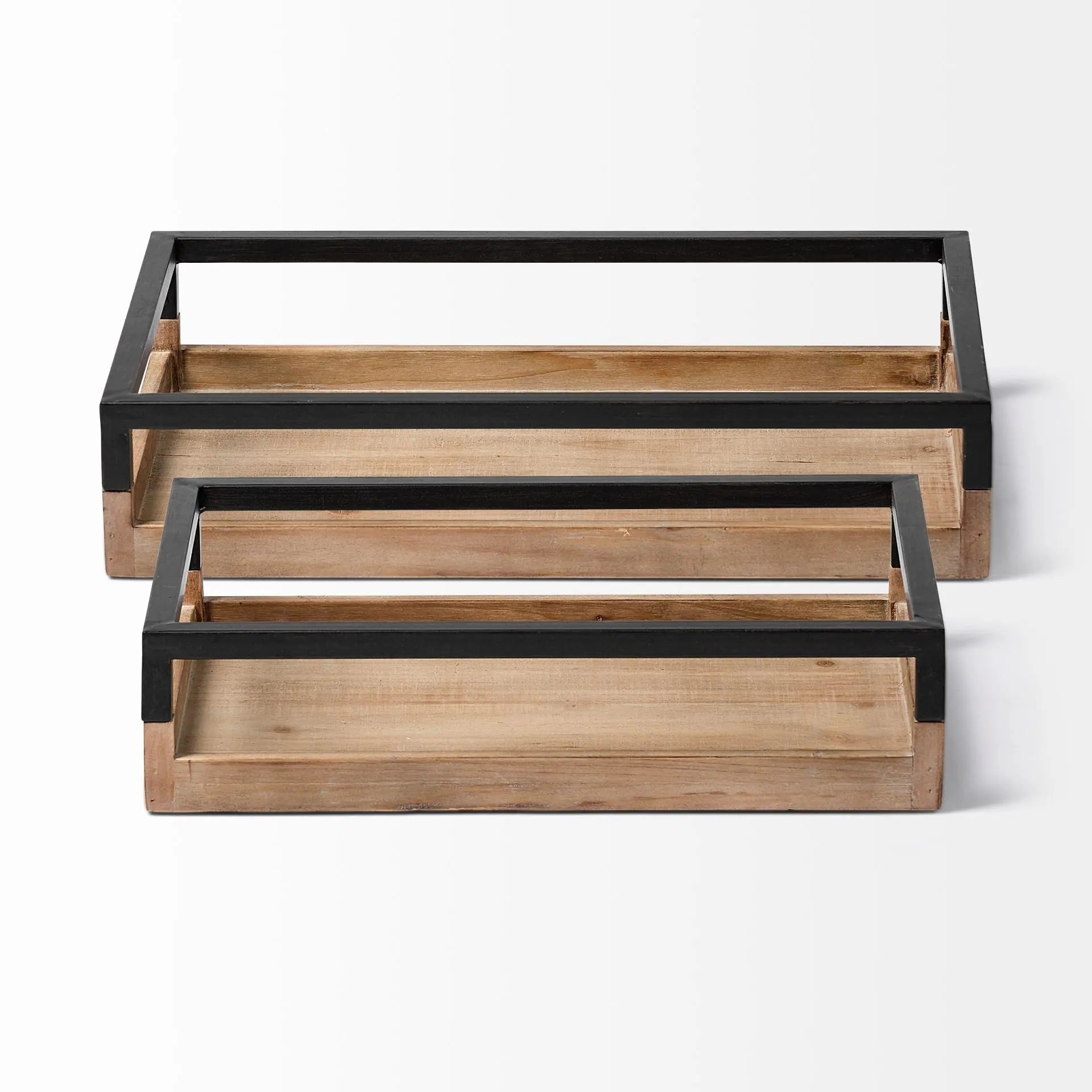 Set of Two Brown Wood Indoor Outdoor Tray With Handles Homeroots Kitchen & Dining