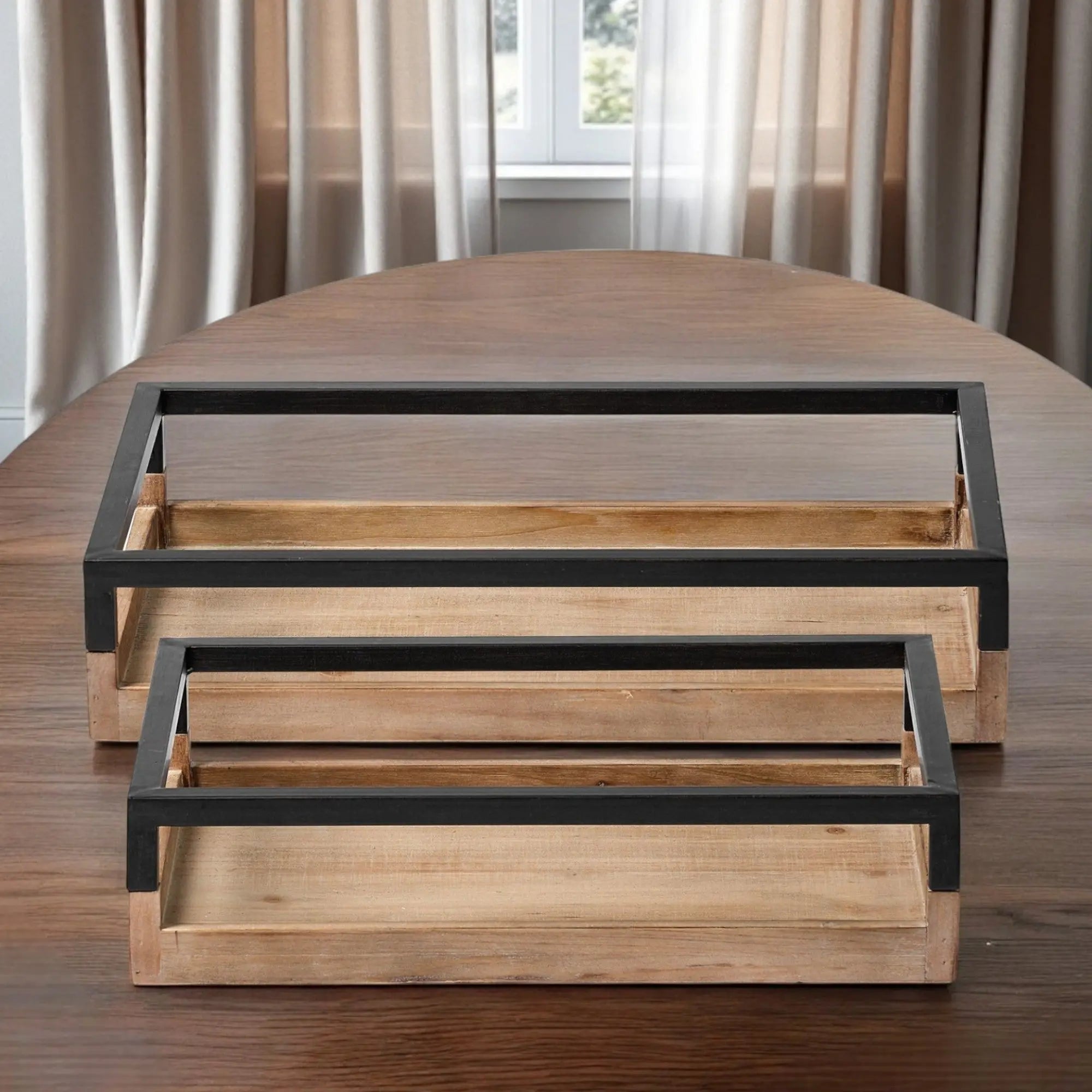 Set of Two Brown Wood Indoor Outdoor Tray With Handles Homeroots Kitchen & Dining