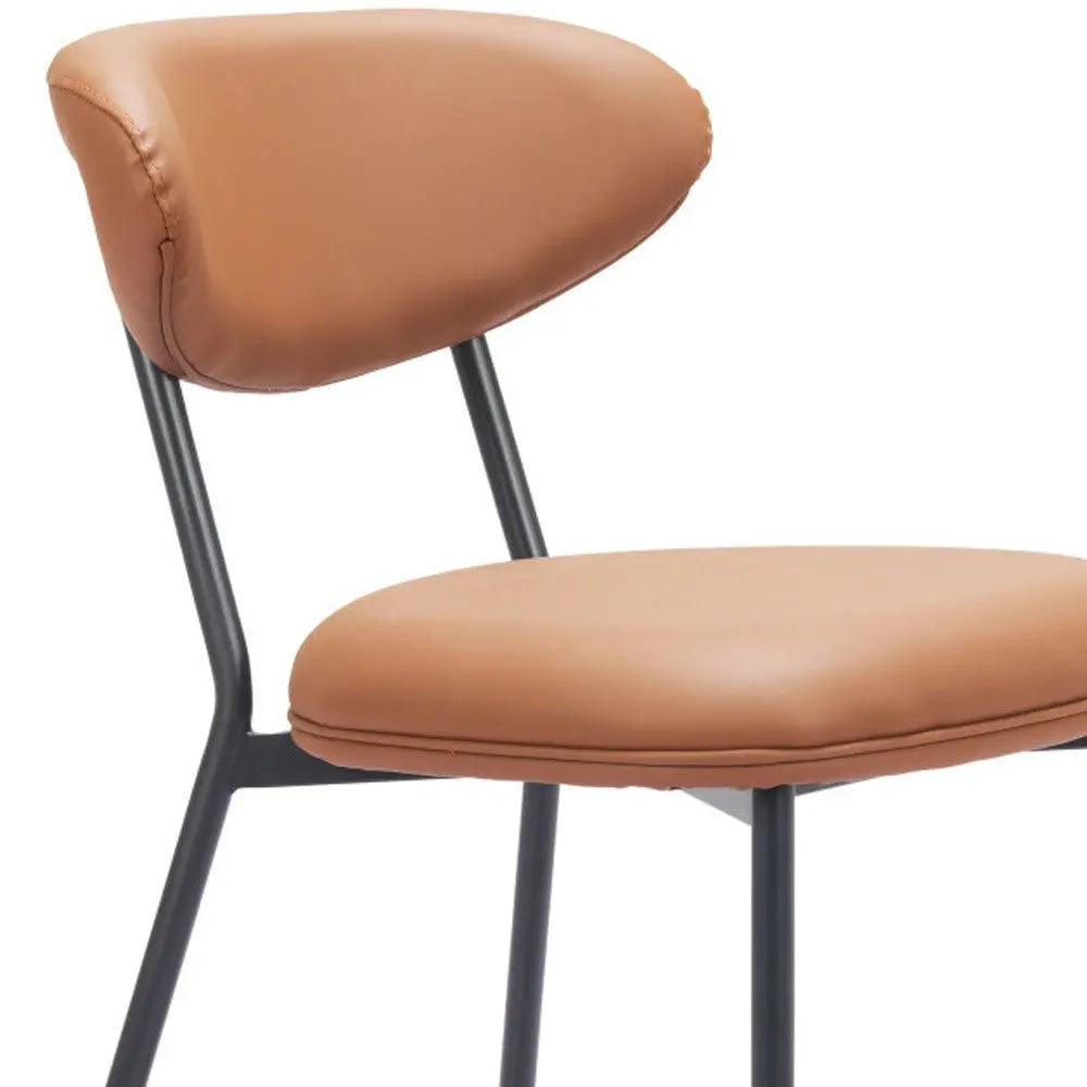 Brown leather upholstered chair with curved backrest and sleek black metal legs. Modern minimalist design for versatile decor.