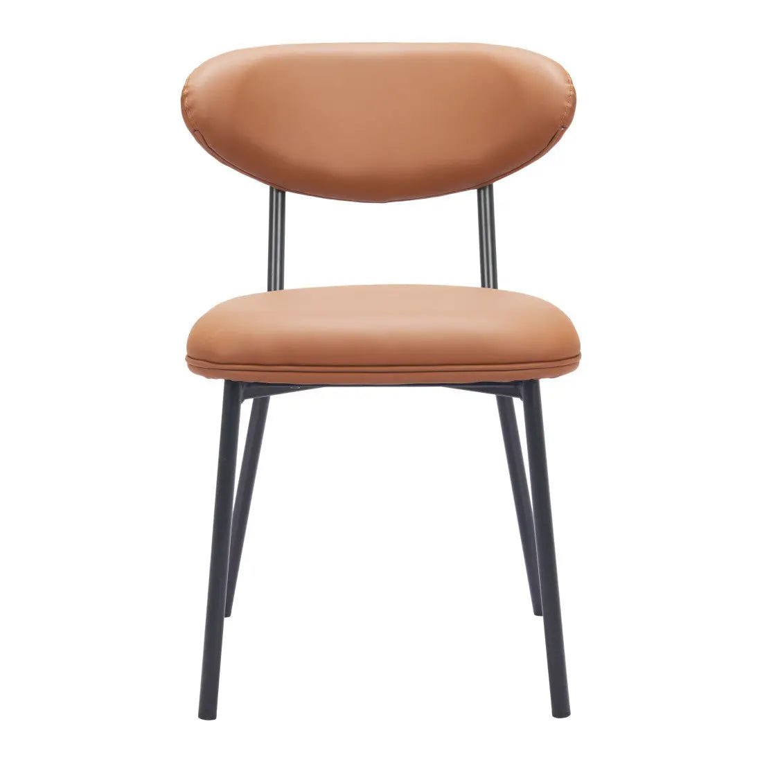 Brown leather dining chair with a modern design and black metal legs. Perfect for stylish home interiors.