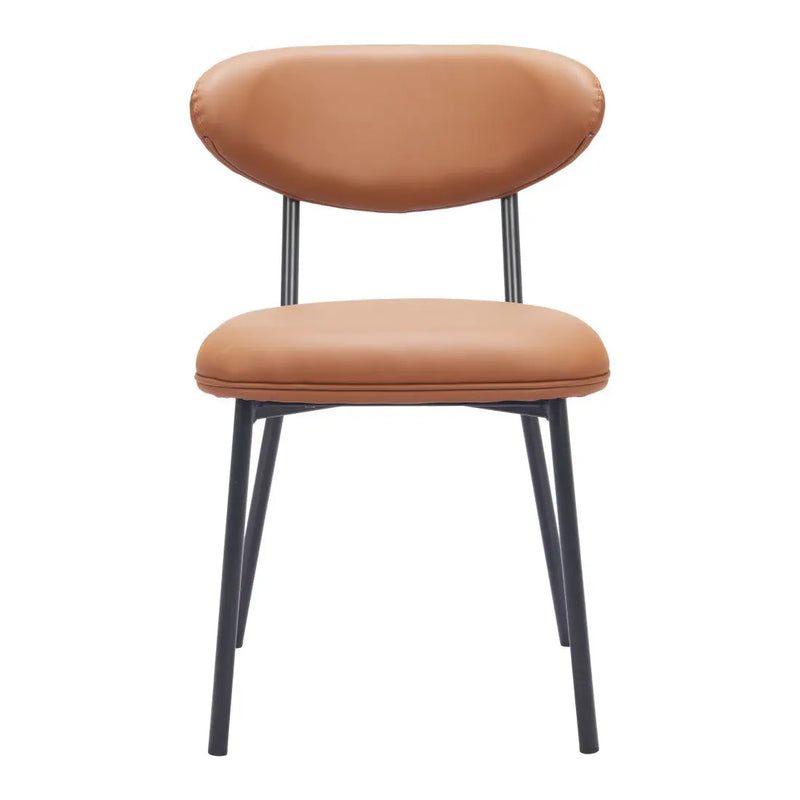 Brown leather dining chair with a modern design and black metal legs. Perfect for stylish home interiors.