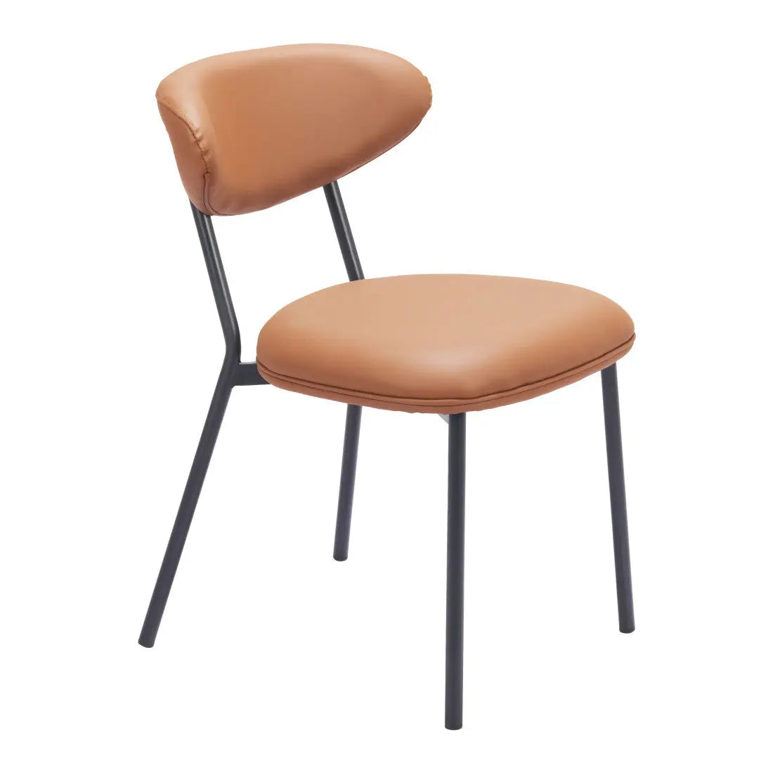 Mid-century modern chair with a tan faux leather seat and back, featuring black metal legs.