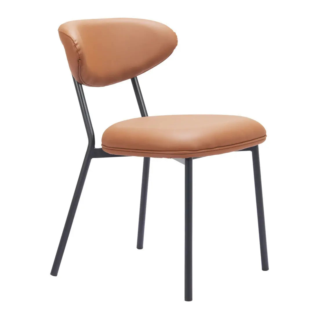 Brown leather dining chair with curved backrest and black metal legs, perfect for modern home decor.