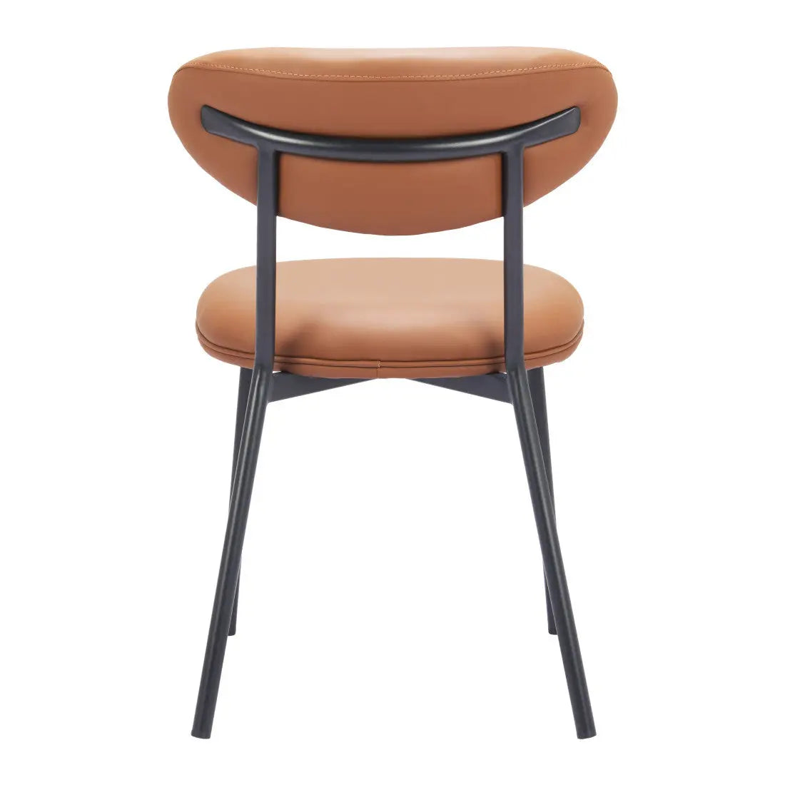 Brown faux leather dining chair with a rounded back and black metal legs for contemporary decor.
