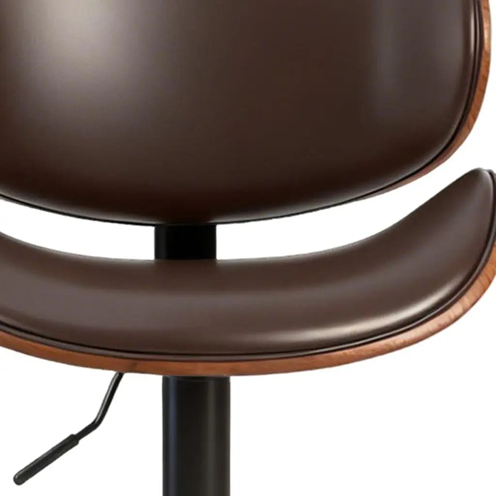 Set of Two Brown and Black Faux Leather Wood And Aluminum Adjustable Height Swivel Bar Chairs Homeroots Living Room