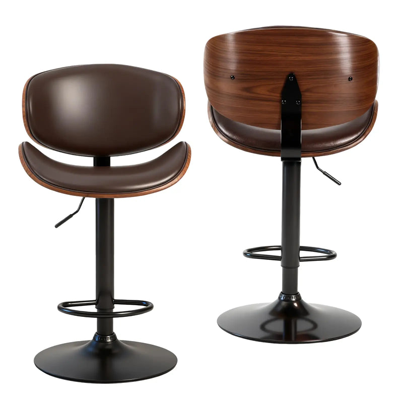 Set of Two Brown and Black Faux Leather Wood And Aluminum Adjustable Height Swivel Bar Chairs Homeroots Living Room