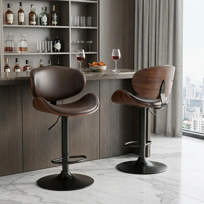 Set of Two Brown and Black Faux Leather Wood And Aluminum Adjustable Height Swivel Bar Chairs Homeroots Living Room