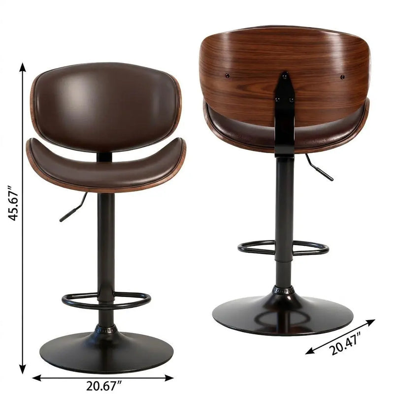 Set of Two Brown and Black Faux Leather Wood And Aluminum Adjustable Height Swivel Bar Chairs Homeroots Living Room