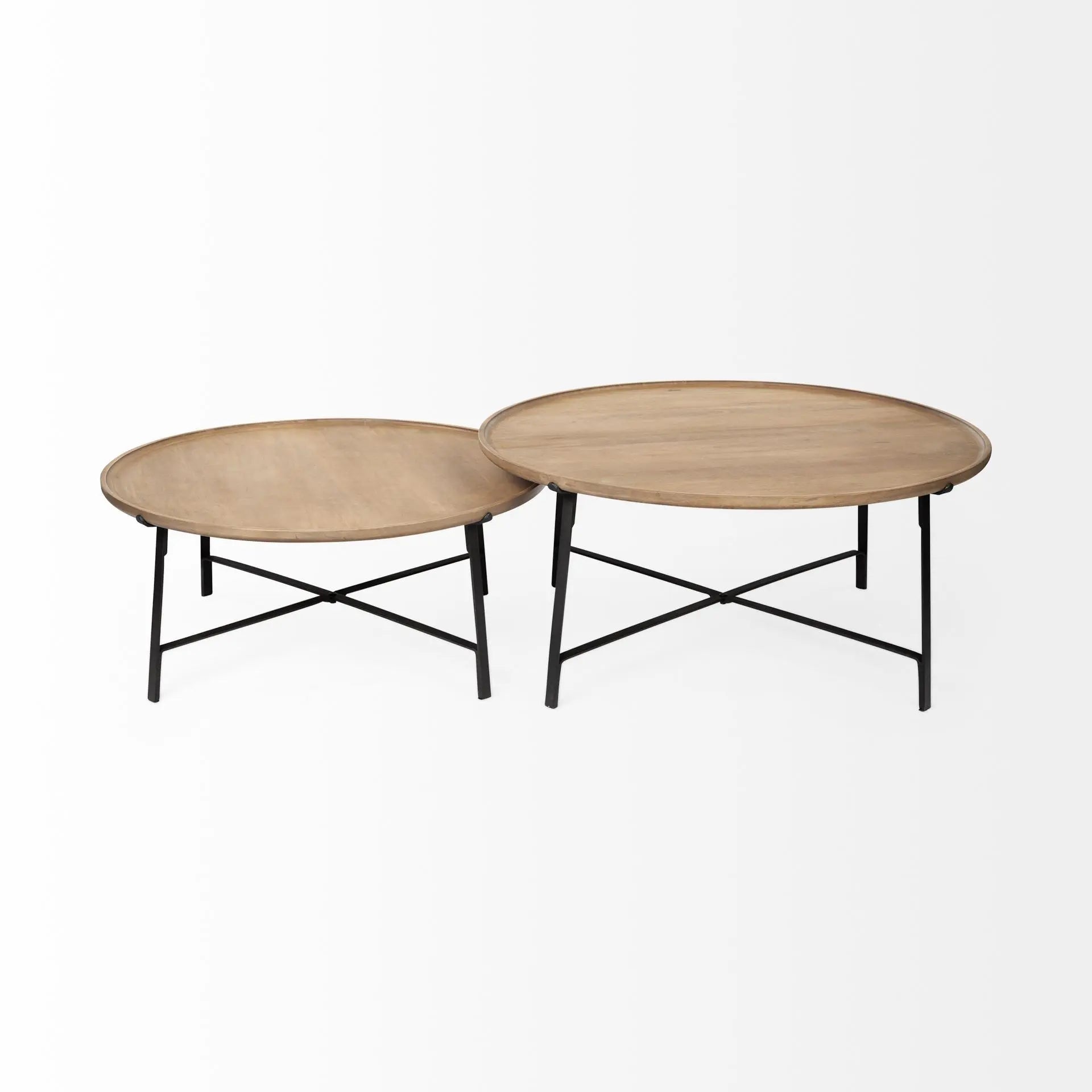 Set of Two Brown and Black Solid Wood and Iron Round Nested Coffee Tables Homeroots Living Room