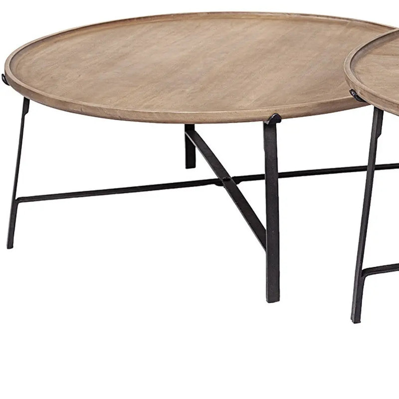 Set of Two Brown and Black Solid Wood and Iron Round Nested Coffee Tables Homeroots Living Room