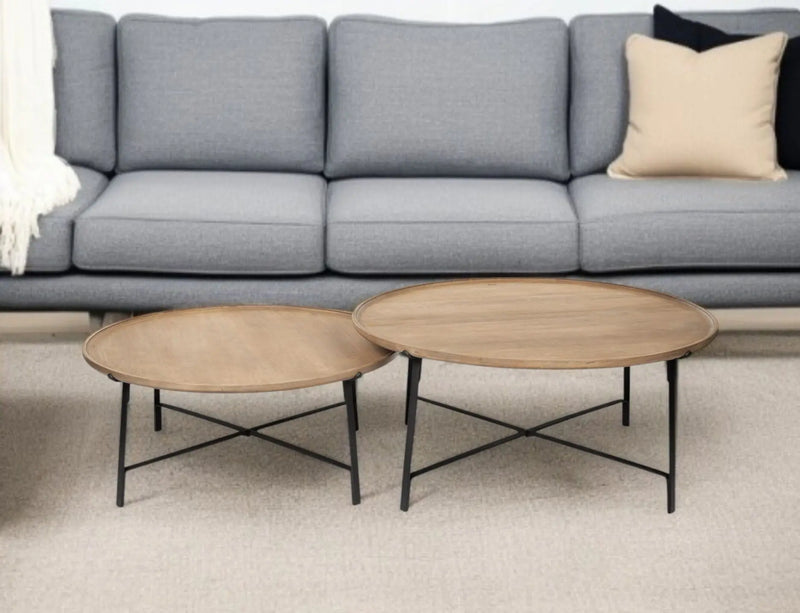 Set of Two Brown and Black Solid Wood and Iron Round Nested Coffee Tables Homeroots Living Room