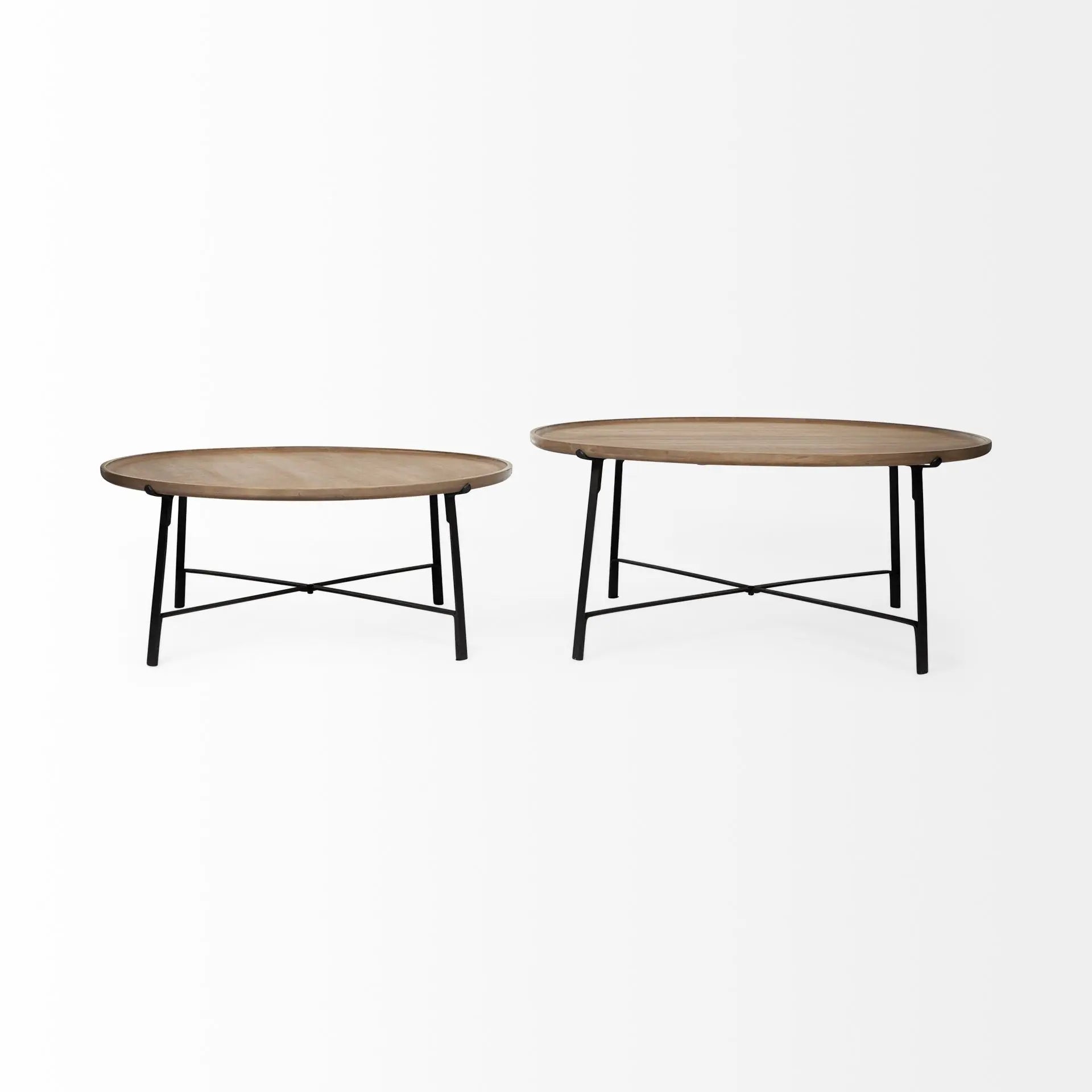 Set of Two Brown and Black Solid Wood and Iron Round Nested Coffee Tables Homeroots Living Room