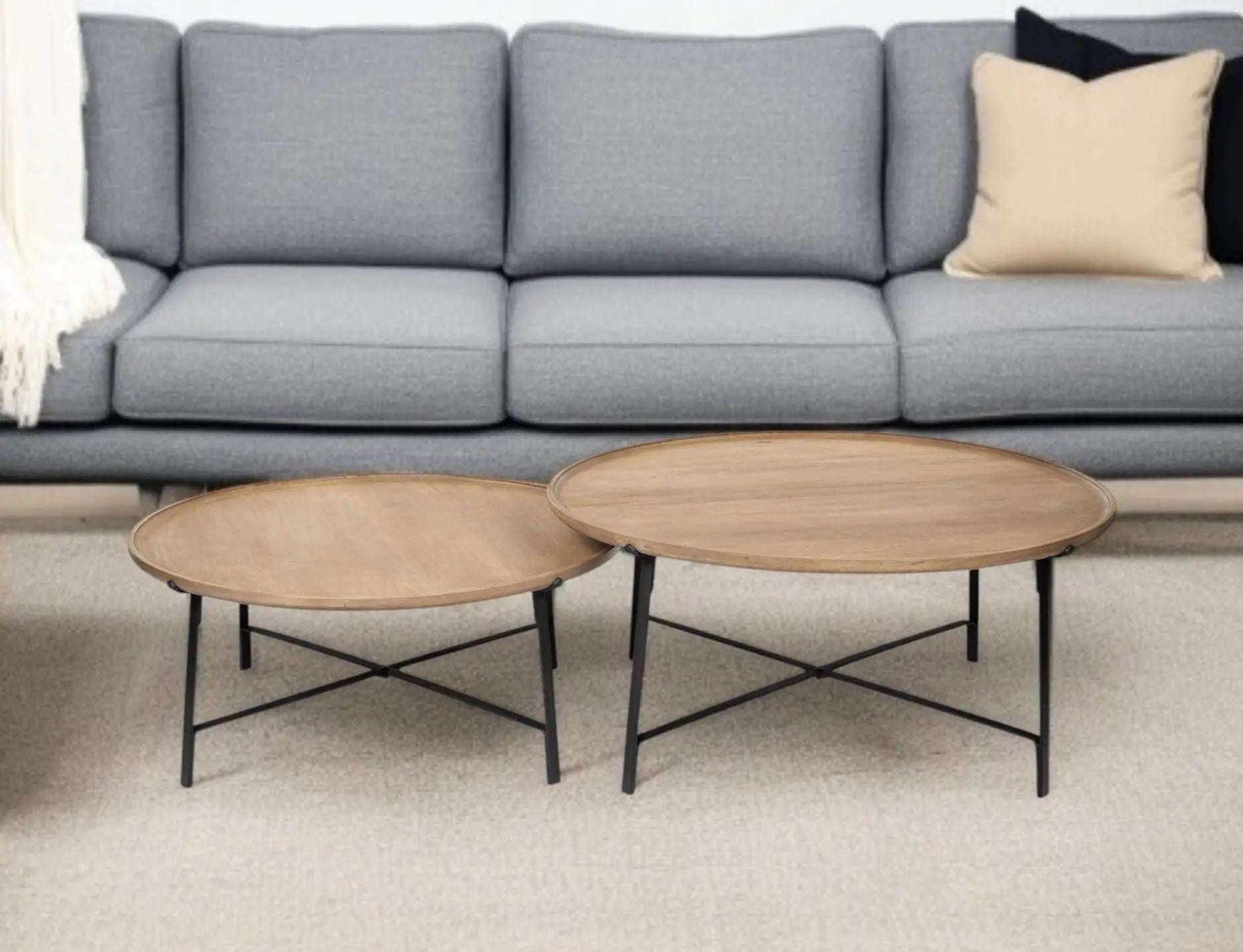 Set of Two Brown and Black Solid Wood and Iron Round Nested Coffee Tables Homeroots Living Room
