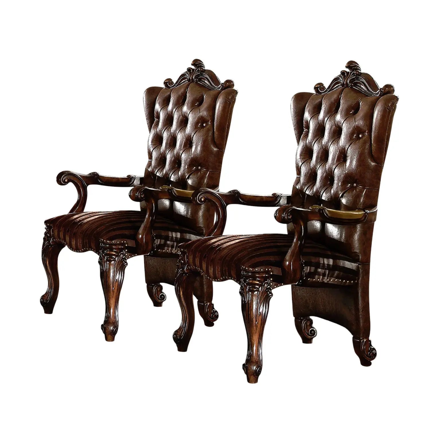 Set of Two Brown and Redwood Tufted Faux Leather Wing Back Dining Arm Chairs Homeroots Kitchen & Dining