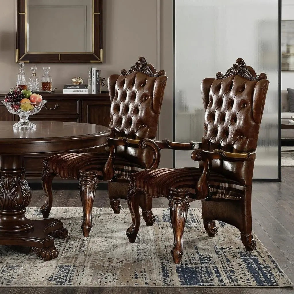 Set of Two Brown and Redwood Tufted Faux Leather Wing Back Dining Arm Chairs Homeroots Kitchen & Dining