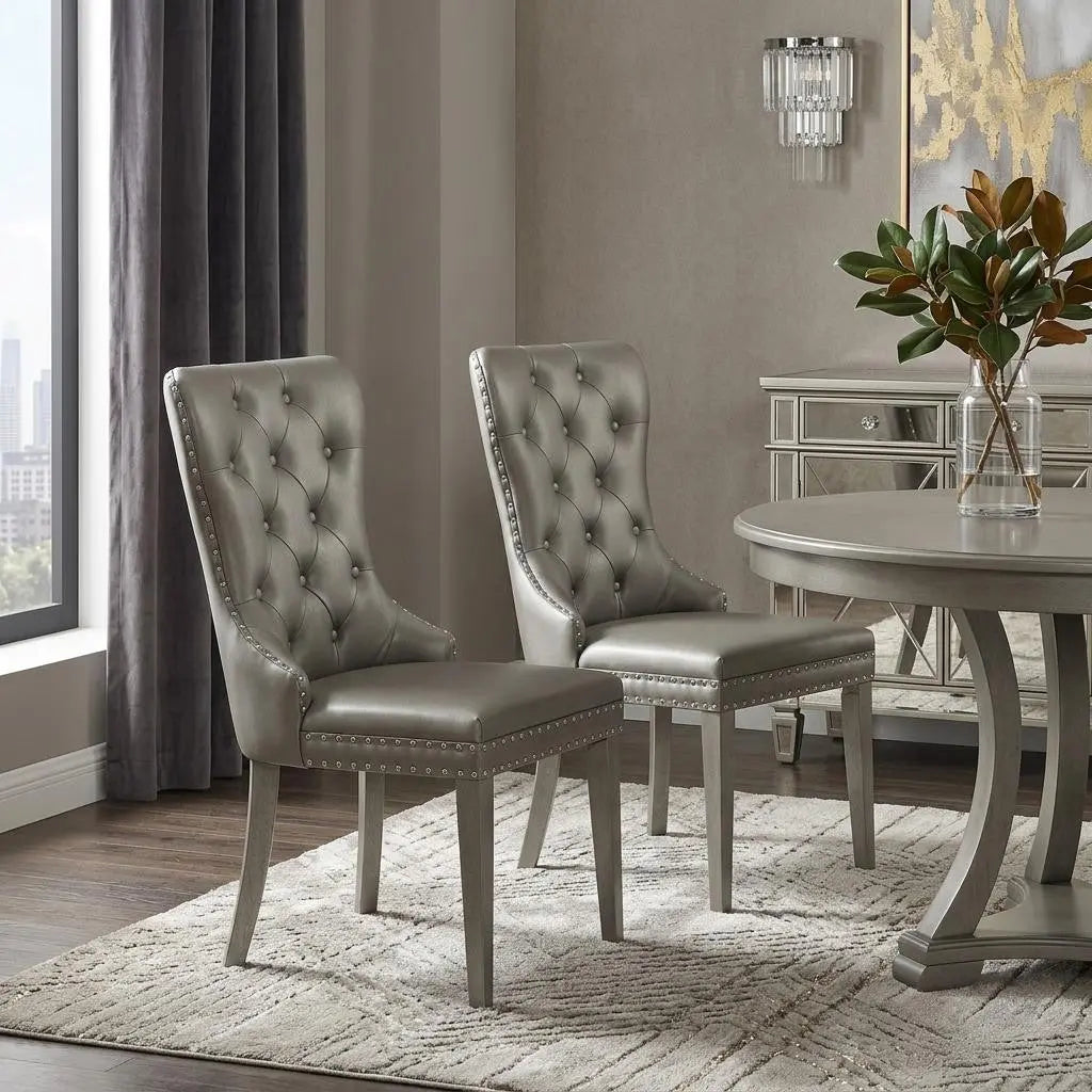 Set of Two Champagne Tufted Faux Leather Wing Back Dining Side Chairs Homeroots Kitchen & Dining