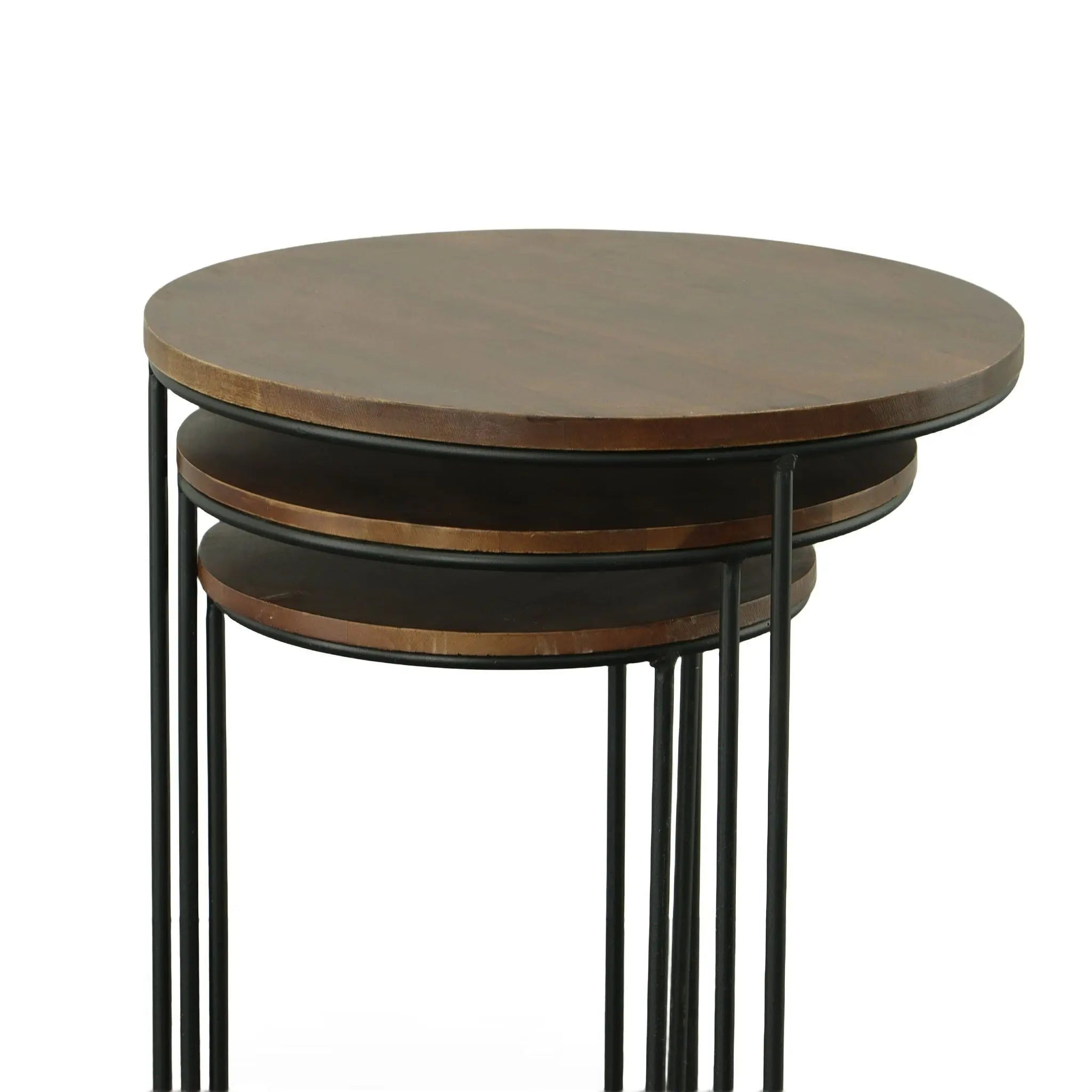 Set of Two Chestnut and Black Solid Wood and Metal Round Frame Nested Tables Homeroots Living Room