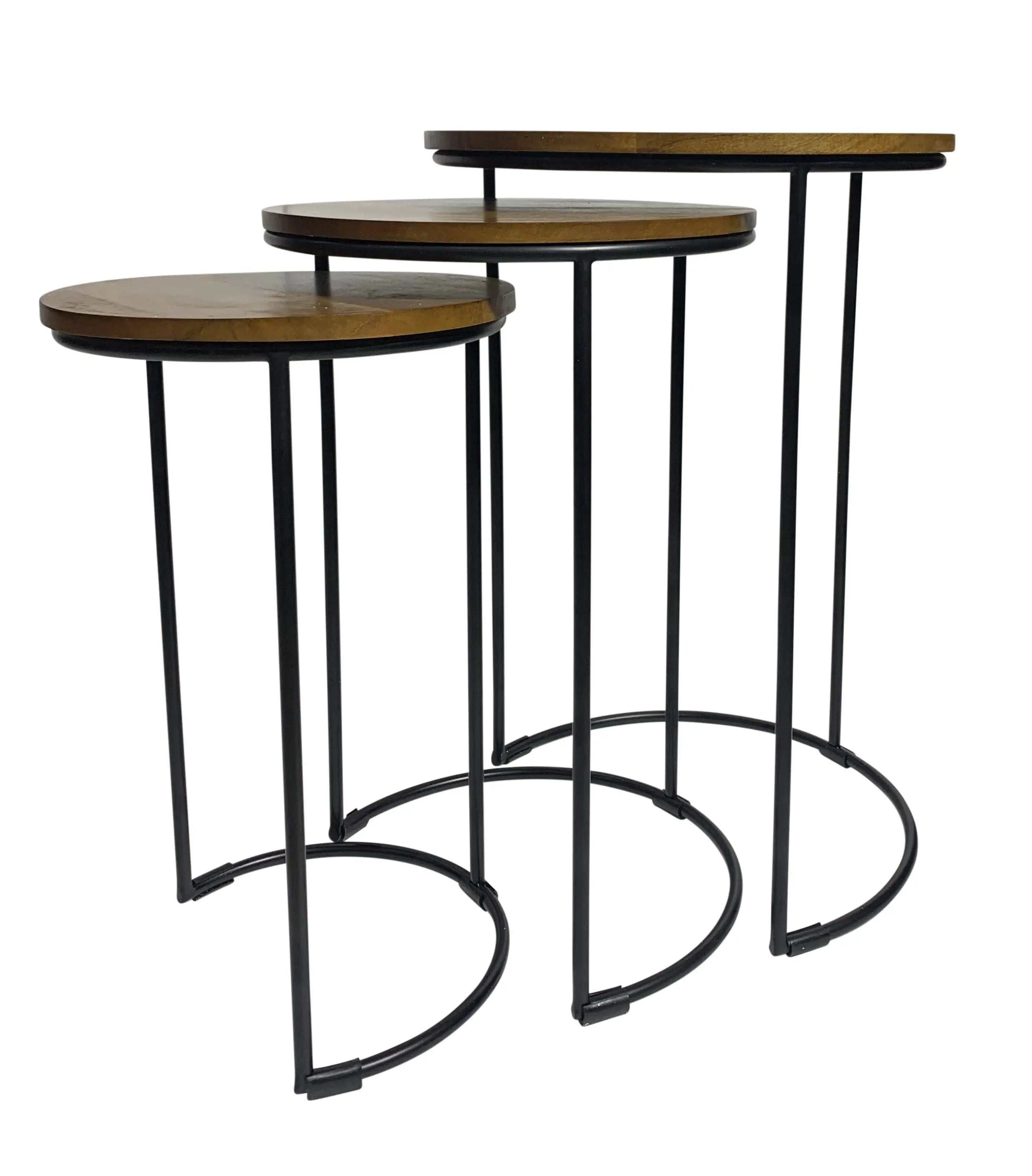 Set of Two Chestnut and Black Solid Wood and Metal Round Frame Nested Tables Homeroots Living Room