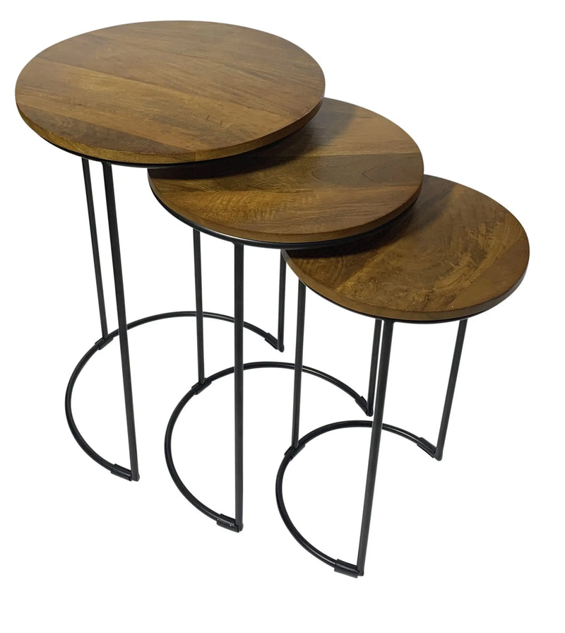 Set of Two Chestnut and Black Solid Wood and Metal Round Frame Nested Tables Homeroots Living Room