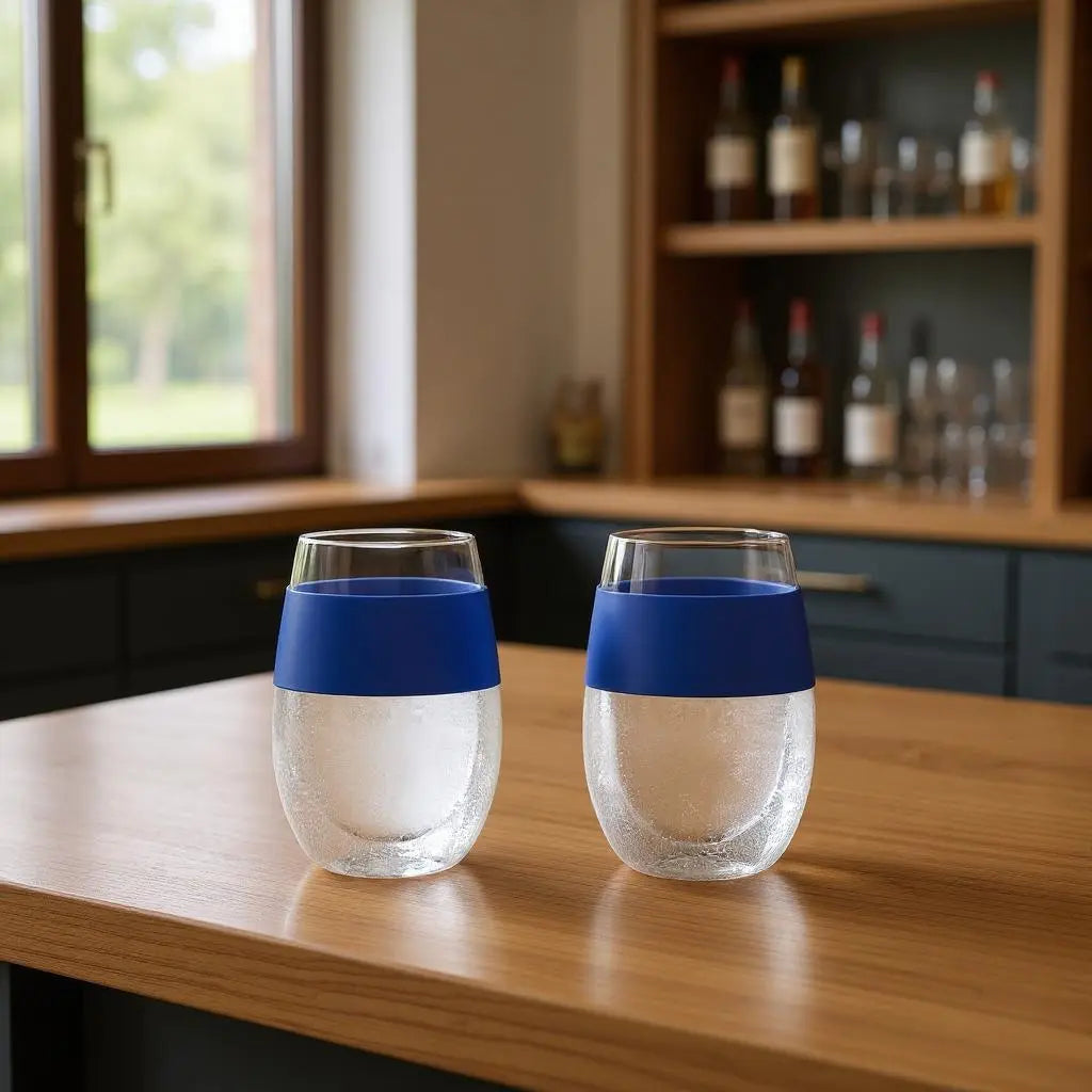 Set of Two Clear And Blue Tritan Plastic Convex Curve Shape Stemless All Purpose Wine Glass Homeroots Kitchen & Dining