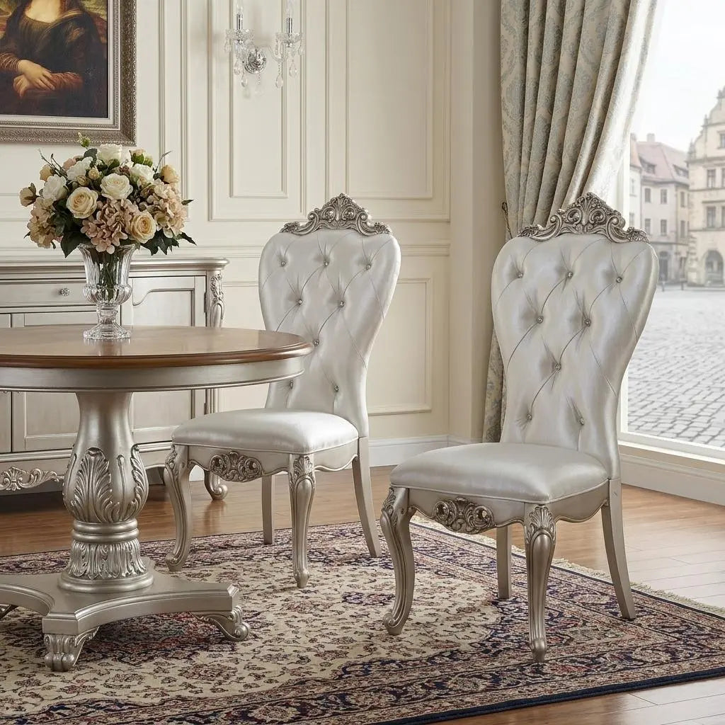 Set of Two Cream and Antiqued White Upholstered Fabric Queen Anne Back Dining Side Chairs Homeroots Kitchen & Dining