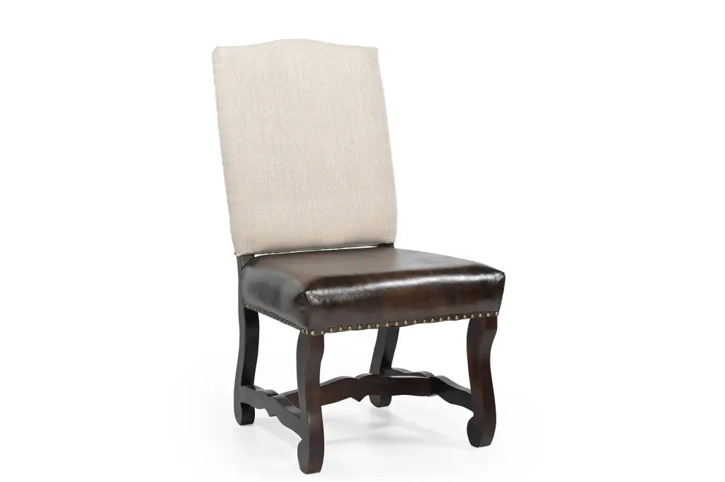 Set of Two Cream and Dark Brown Wood Leather And Linen Dining Side Chairs Homeroots Kitchen & Dining