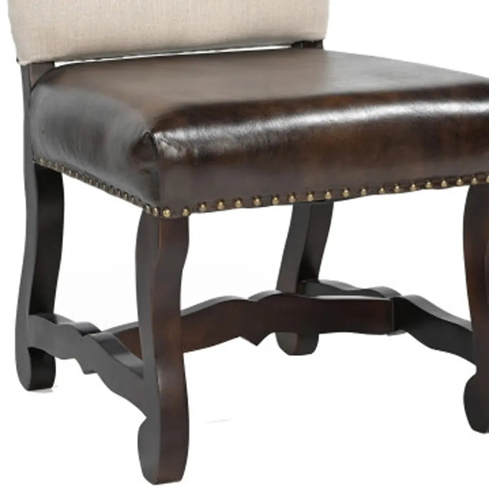 Set of Two Cream and Dark Brown Wood Leather And Linen Dining Side Chairs Homeroots Kitchen & Dining
