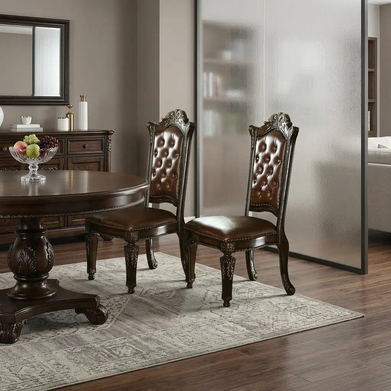 Set of Two Dark Brown and Mahogany Tufted Faux Leather Dining Side Chairs Homeroots Kitchen & Dining