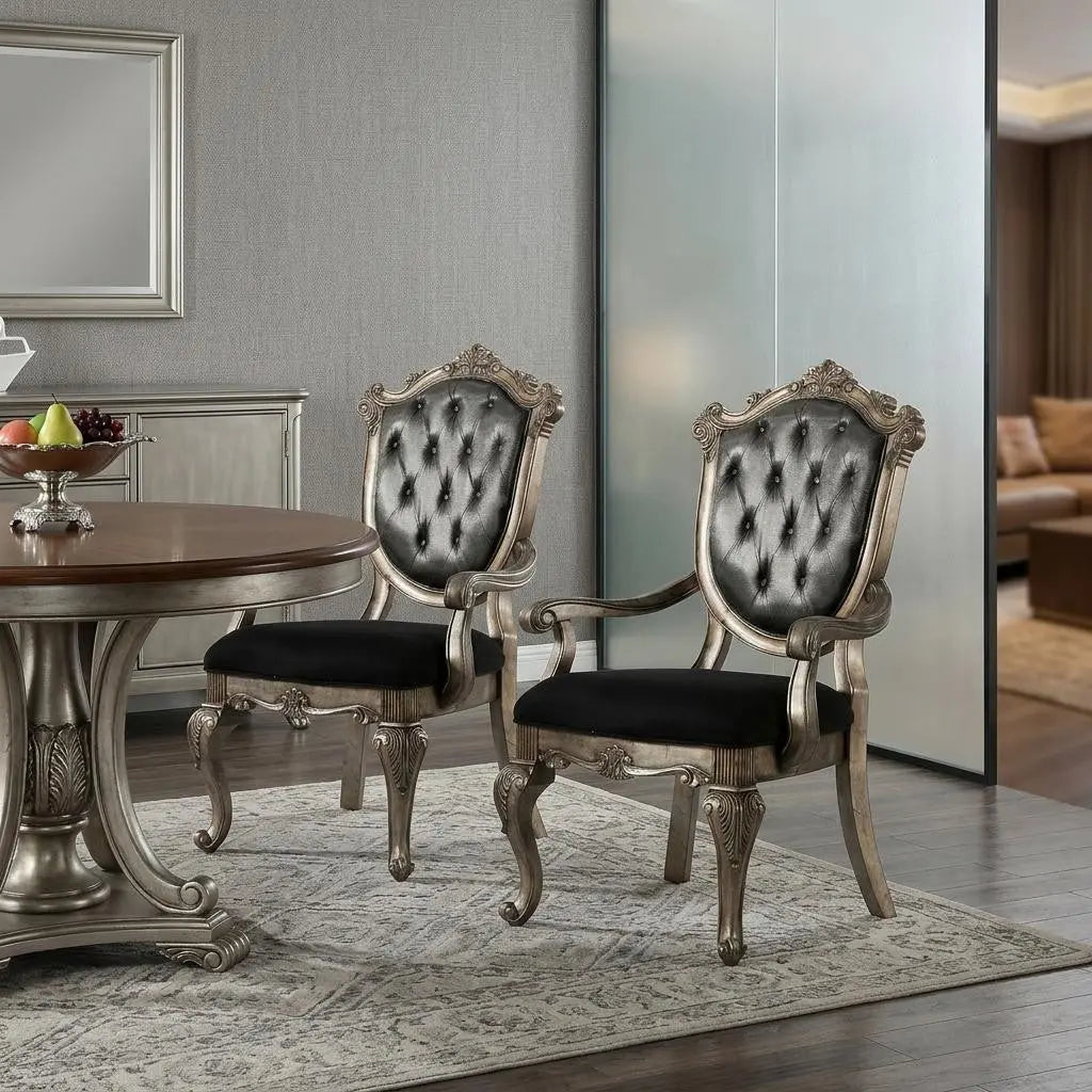 Set of Two Dark Gray and Platinum Tufted Fabric Open Back Dining Arm Chairs Homeroots Kitchen & Dining